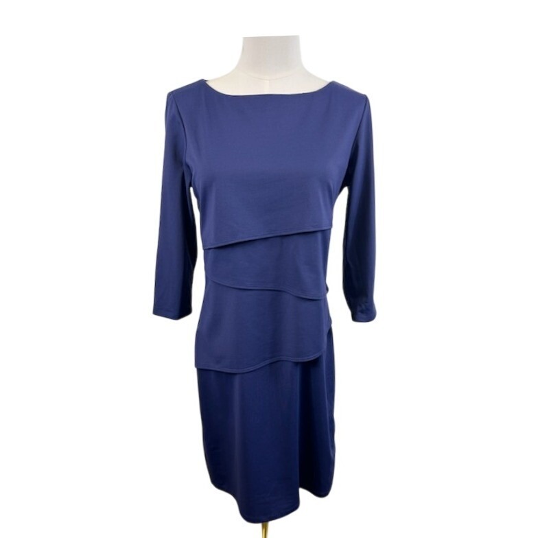 J.Mclaughlin Navy Blue Dress Tiered Career Cocktail 3/4 Sleeve Size Medium